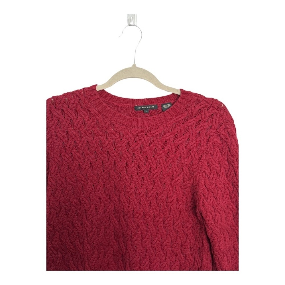Jeanne Pierre Cable Knit Sweater Large 100% Cotton Red Crewneck Chunky Knit - Picture 2 of 5